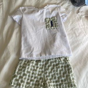 White T-shirt with monogrammed J- matching green gingham shorts